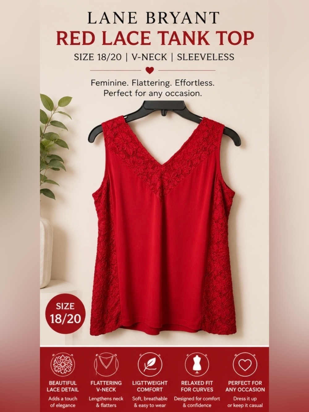 Lane Bryant Red Lace Tank Size 18 20 V Neck Sleeveless Top
